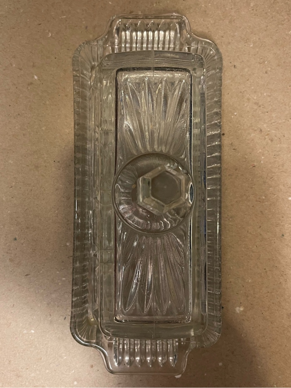 Vintage Clear Pressed Glass Covered Butter Dish Starburst Diamond Lid - Picture 3 of 6